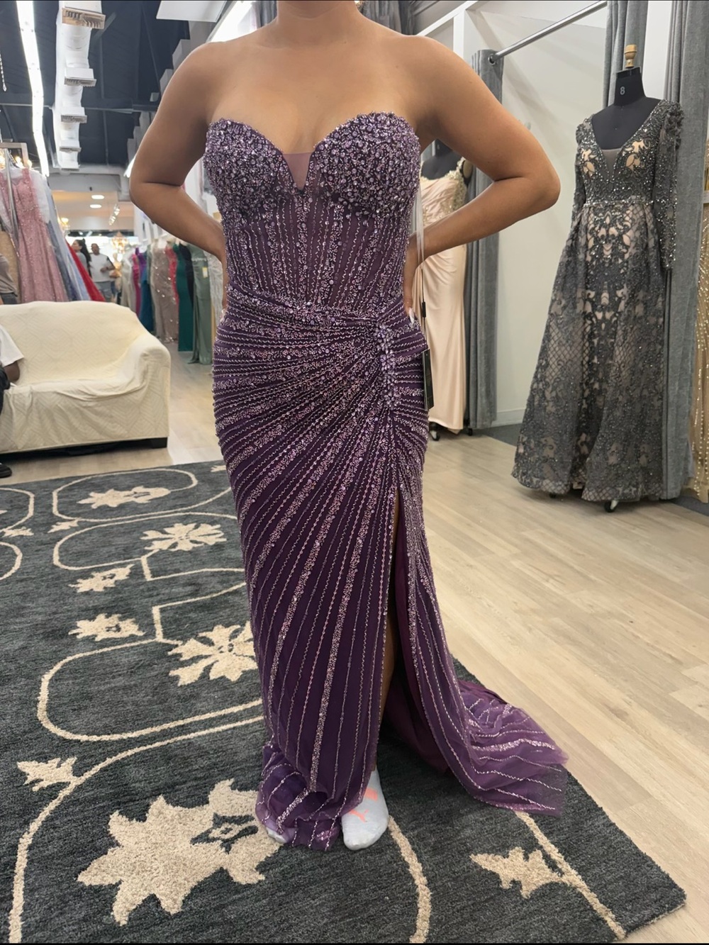 Strapless Purple Beaded Evening Gown - Picture 2 of 2